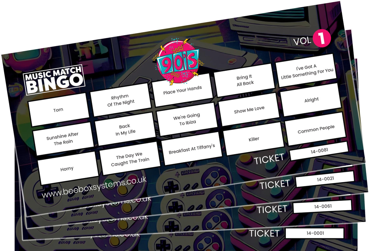 BeeBox Music Match Bingo Game Tickets, 120 Tickets Per Pack (90's Vol1)