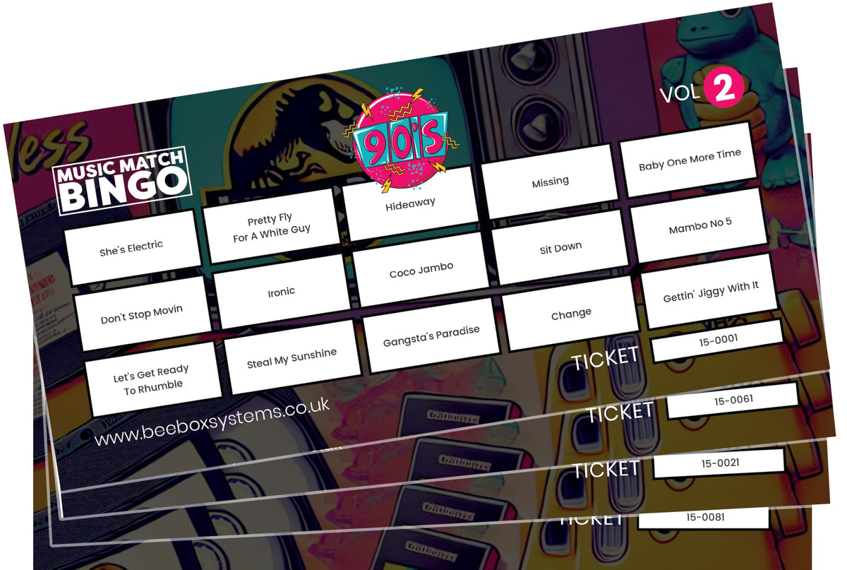 BeeBox Music Match Bingo Game Tickets, 120 Tickets Per Pack (90's Vol2)