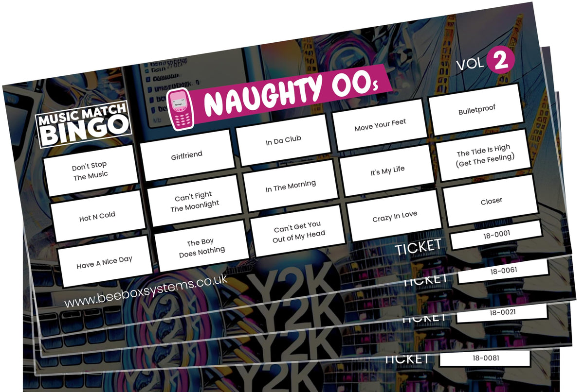 BeeBox Music Match Bingo Game Tickets, 120 Tickets Per Pack (Naughty 00's Vol2)
