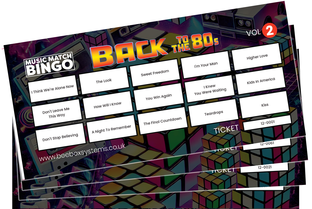 BeeBox Music Match Bingo Game Tickets, 120 Tickets Per Pack (Back to the 80's Vol2)