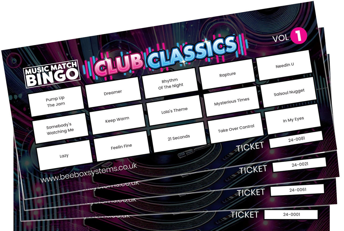 BeeBox Music Match Bingo Game Tickets, 120 Tickets Per Pack (Club Classics Vol1)