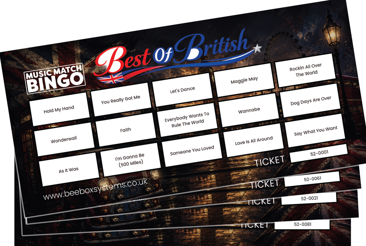 BeeBox Music Match Bingo Game Tickets, 120 Tickets Per Pack (Best of British)