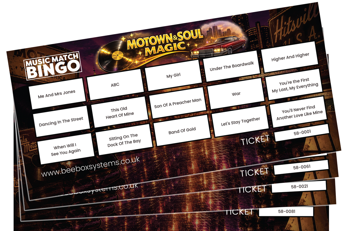 BeeBox Music Match Bingo Game Tickets, 120 Tickets Per Pack (Motown & Soul Classics)