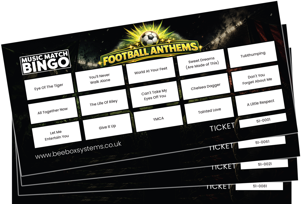 BeeBox Music Match Bingo Game Tickets, 120 Tickets Per Pack (Football Anthems)
