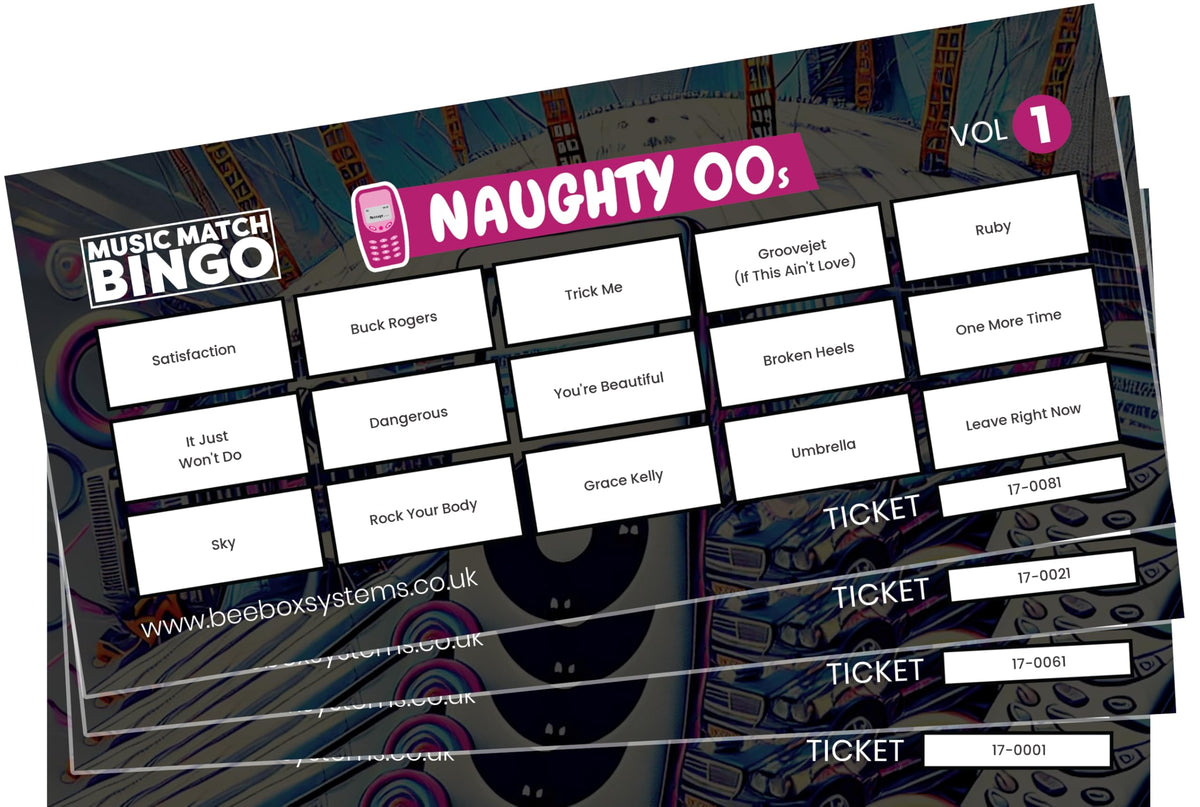 BeeBox Music Match Bingo Game Tickets, 120 Tickets Per Pack (Naughty 00's Vol1)